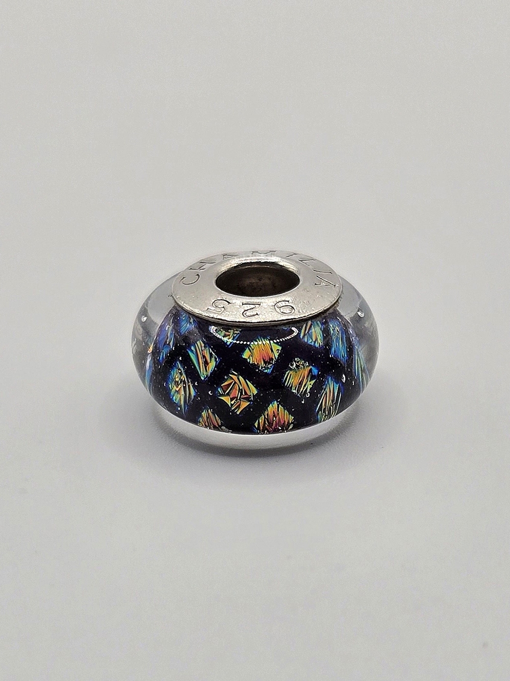 Chamilia Black Dichroic Glass Charm | Sterling Silver 925 | Murano Style Bead